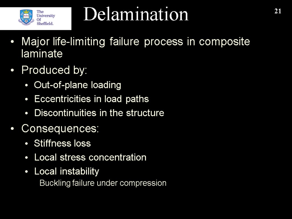 21 Delamination Major life-limiting failure process in composite laminate Produced by: Out-of-plane loading Eccentricities